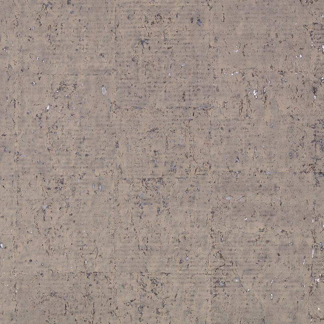 Smoky taupe-grey mineral wallpaper with mottled marks and scattered silver foil-like flecks