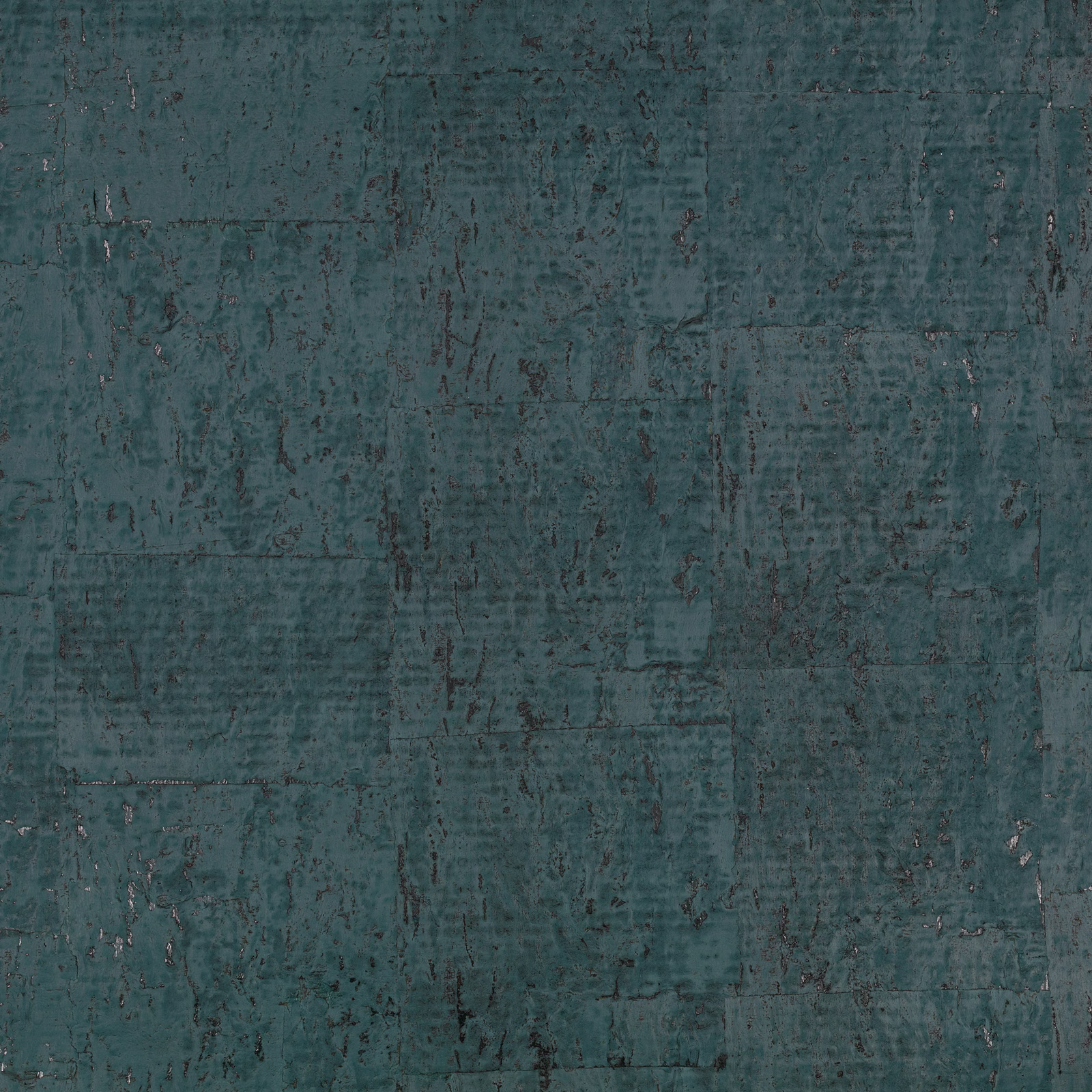Deep electric teal wallcovering with distressed rectangular marks and mottled patina