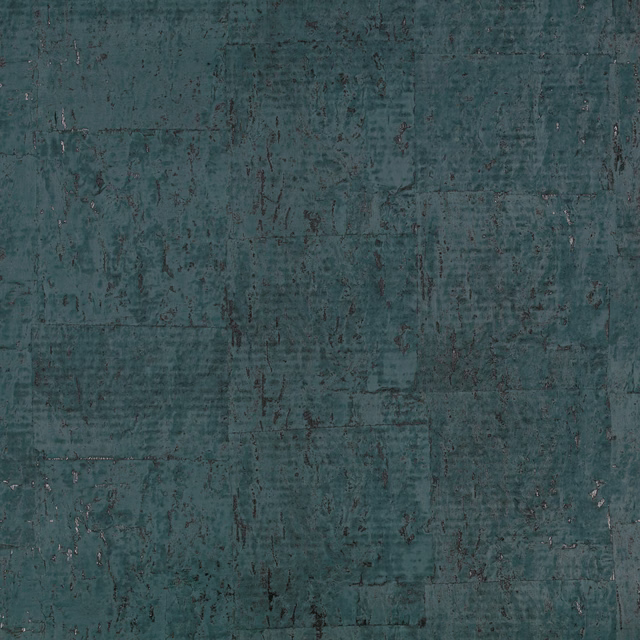 Deep electric teal wallcovering with distressed rectangular marks and mottled patina