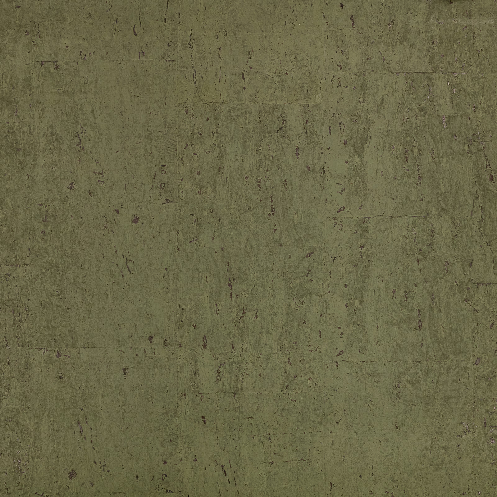 Muted moss olive wallpaper with weathered vertical striations and scattered dark mineral marks