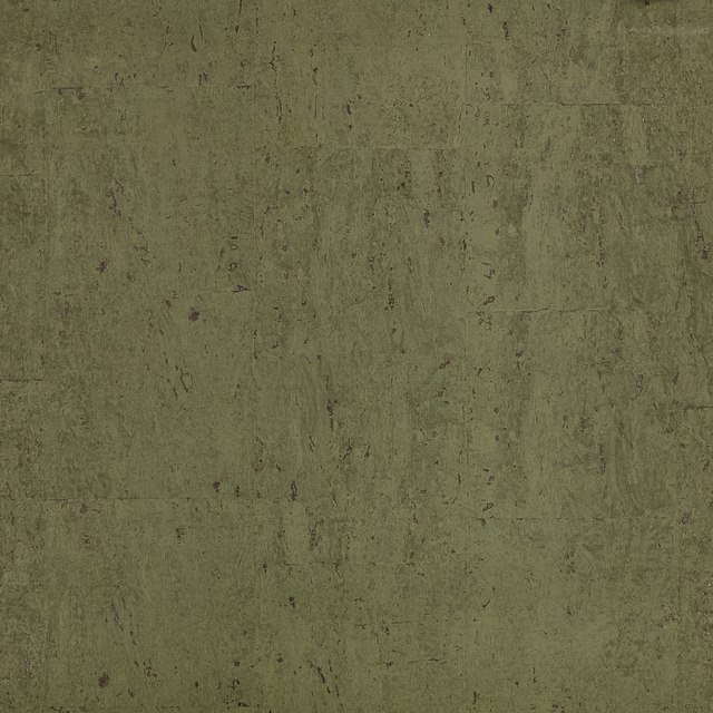 Muted moss olive wallpaper with weathered vertical striations and scattered dark mineral marks