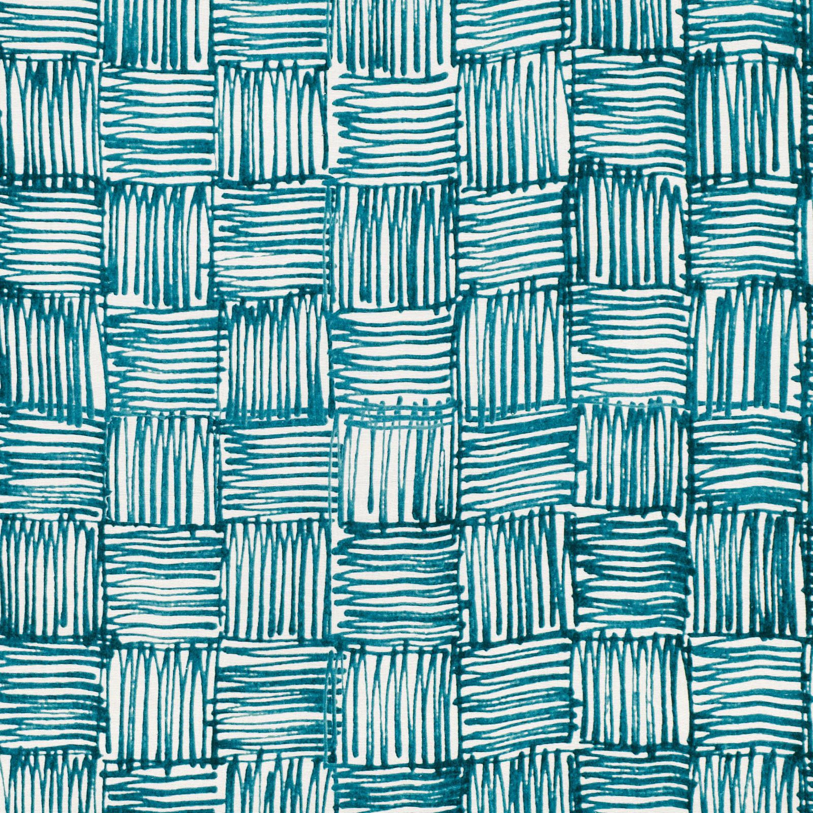 Cool teal and white fabric with irregular blocks of alternating horizontal and vertical stripes
