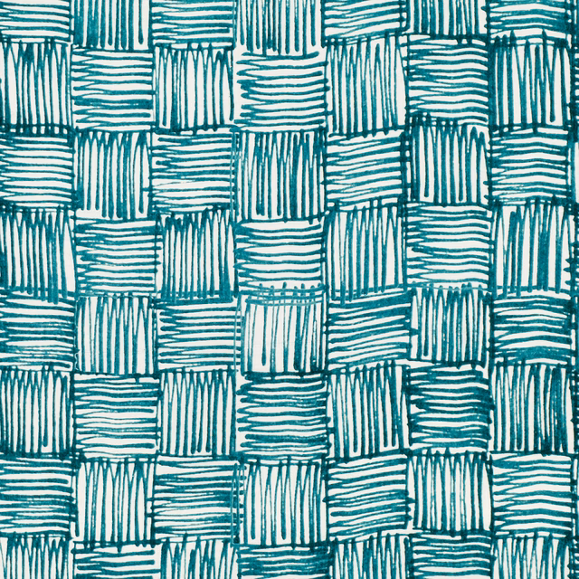 Cool teal and white fabric with irregular blocks of alternating horizontal and vertical stripes