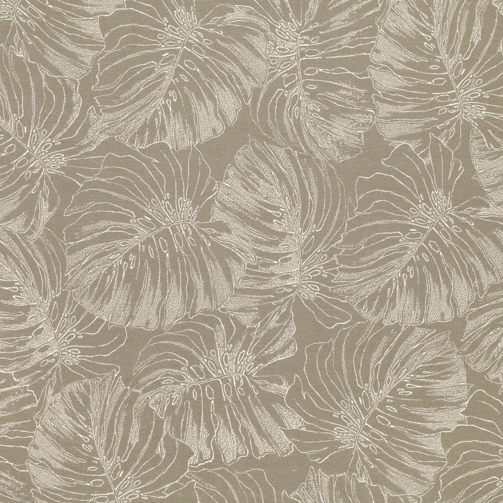 Warm taupe textile with pale outlined tropical leaves and softly textured surface