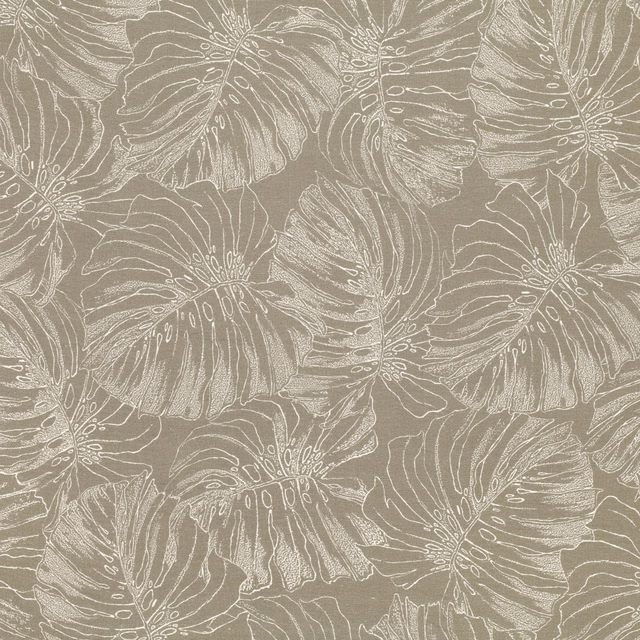 Warm taupe textile with pale outlined tropical leaves and softly textured surface