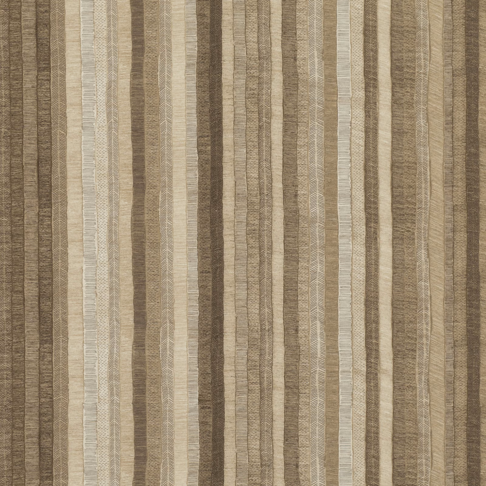Taupe, beige and cream woven fabric with irregular vertical stripes and herringbone bands