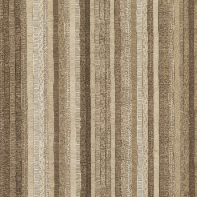 Taupe, beige and cream woven fabric with irregular vertical stripes and herringbone bands