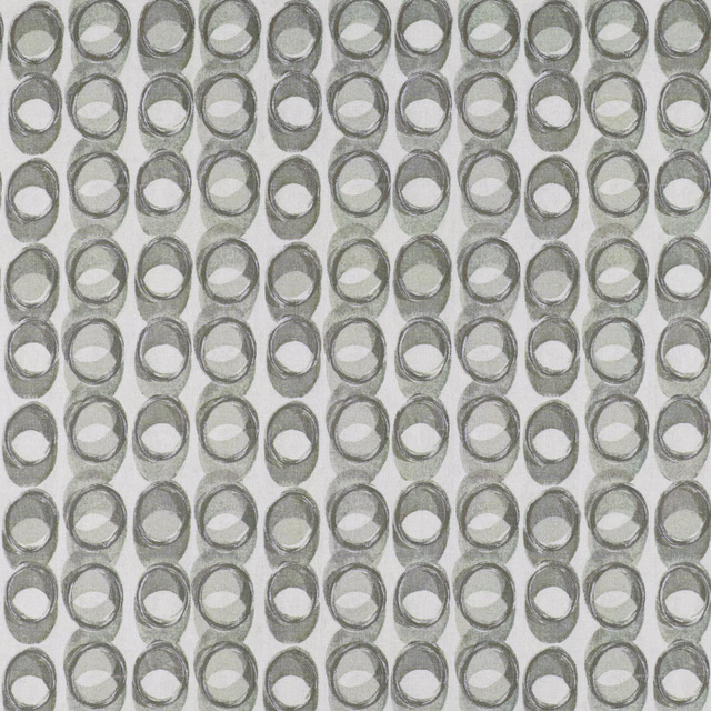 Pale linen-grey textile with charcoal oval rings in a repeating vertical grid