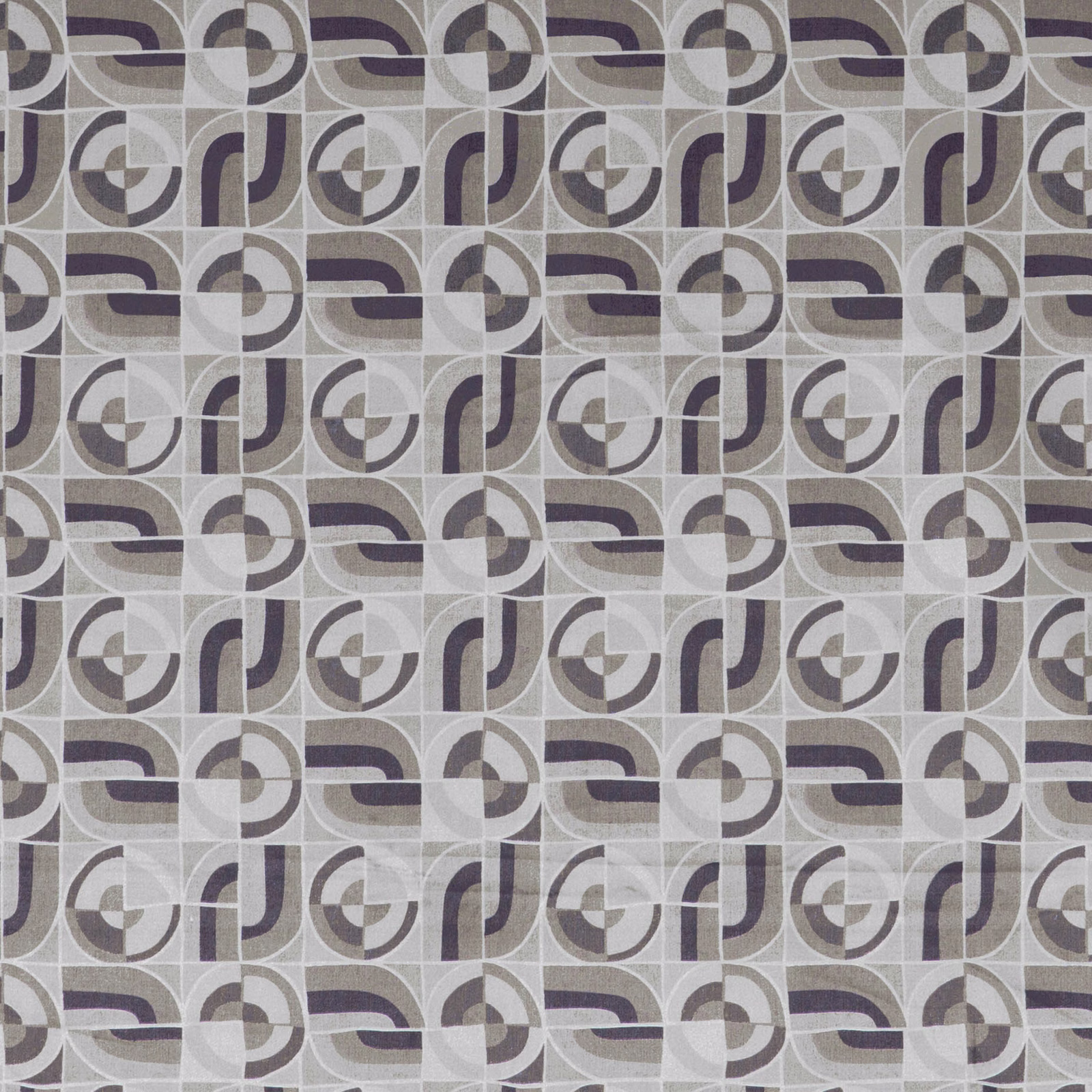 Grey taupe fabric with repeating plum and charcoal curved geometric motifs