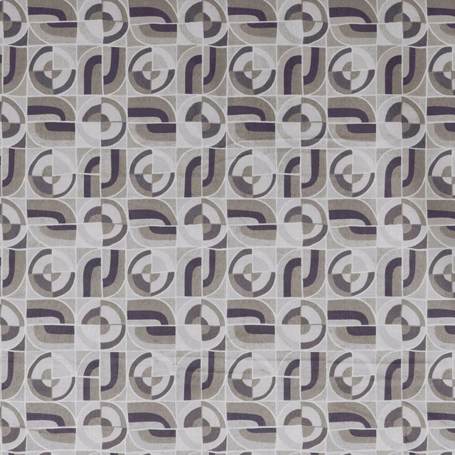 Grey taupe fabric with repeating plum and charcoal curved geometric motifs