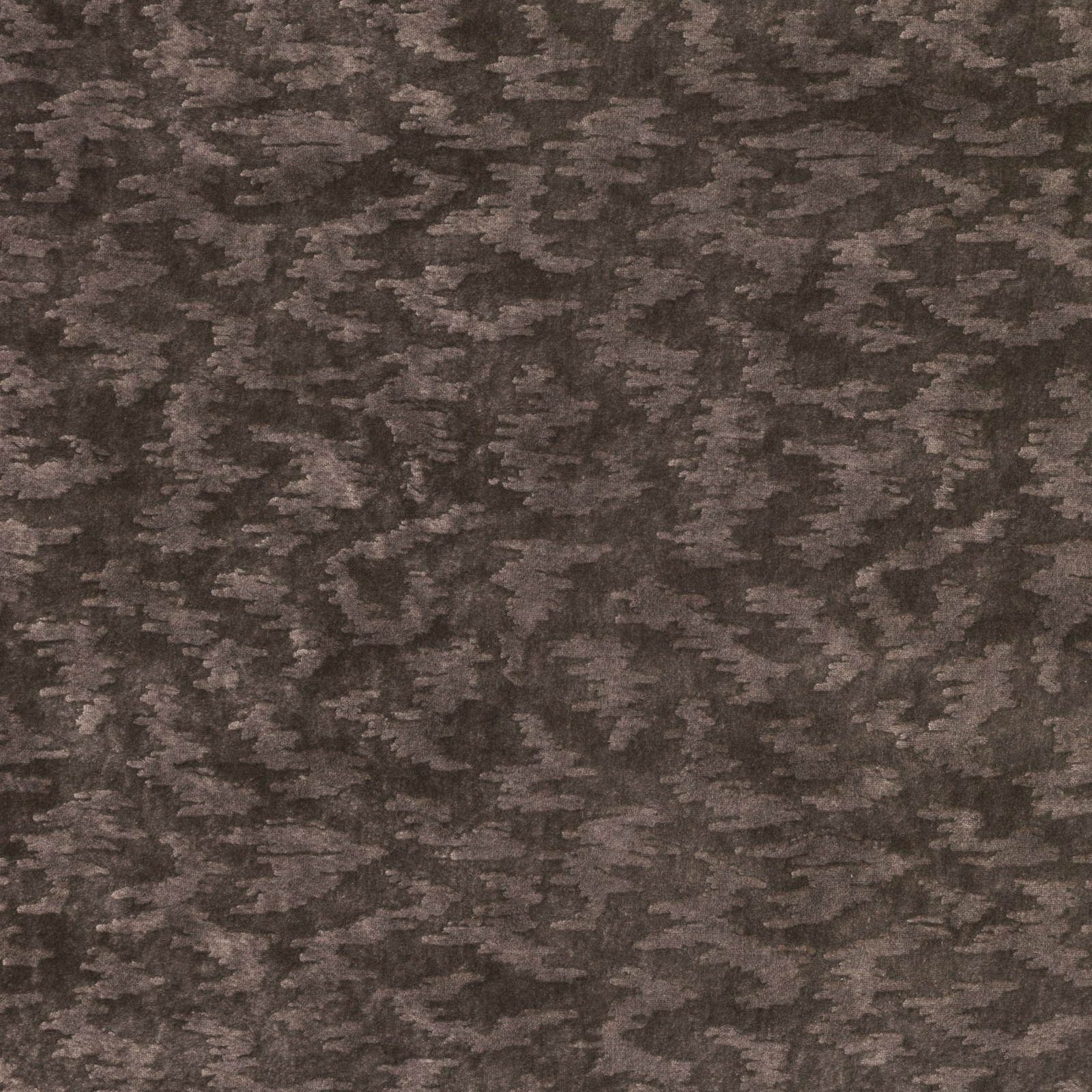 Dark driftwood taupe fabric with smoky grey abstract mottled marks and textured surface