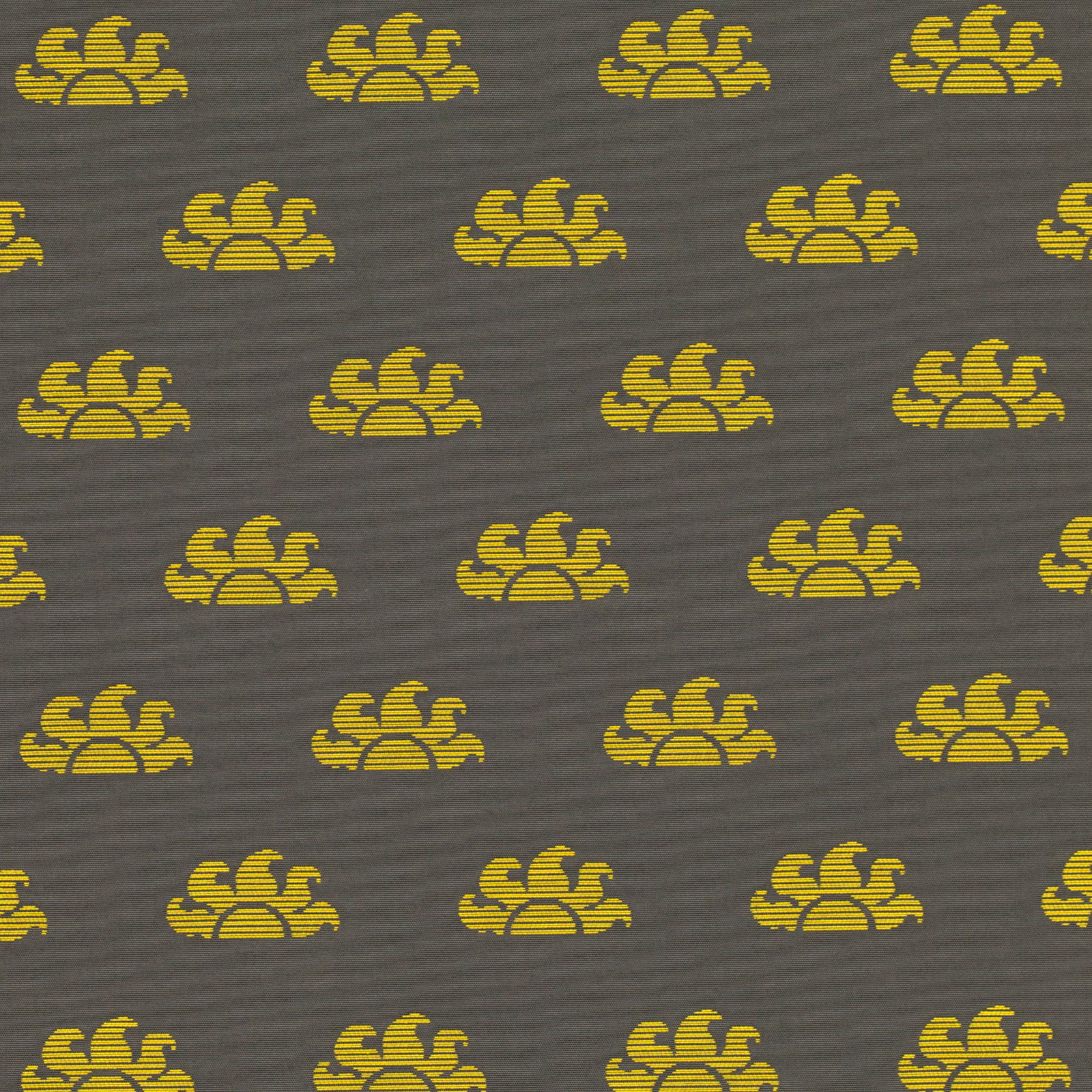 Charcoal-grey outdoor fabric with repeated lemon-yellow striped botanical emblems