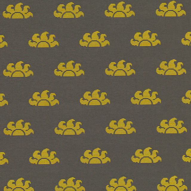 Charcoal-grey outdoor fabric with repeated lemon-yellow striped botanical emblems