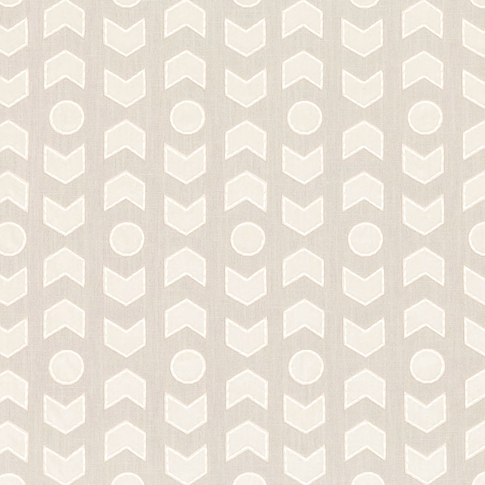 Pale greige woven fabric with ivory arrowheads and circular motifs