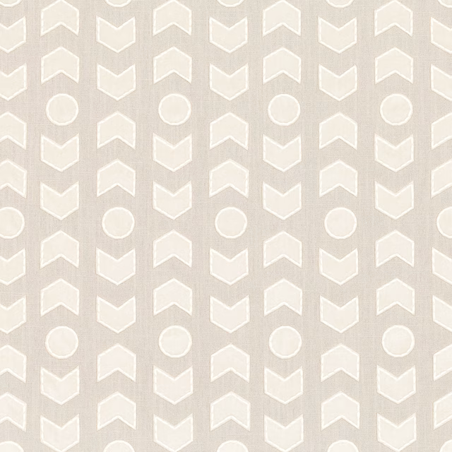 Pale greige woven fabric with ivory arrowheads and circular motifs
