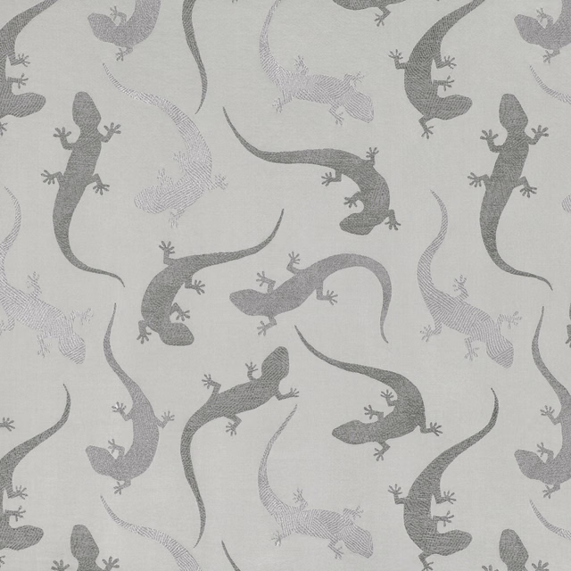 Silver-grey fabric with scattered charcoal salamanders and pale textured reptile motifs