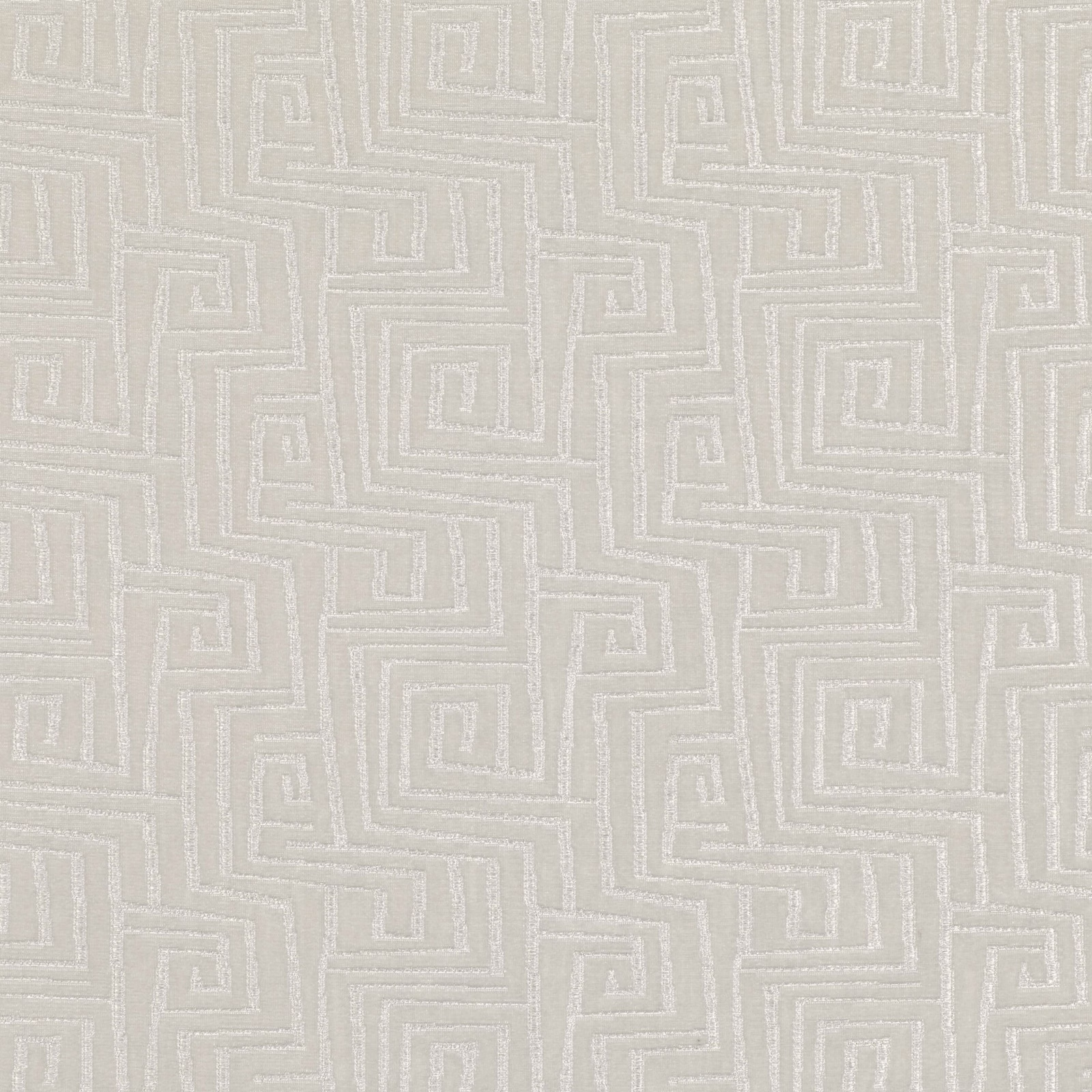 Pale greige woven textile with raised ivory maze lines in repeating geometric squares