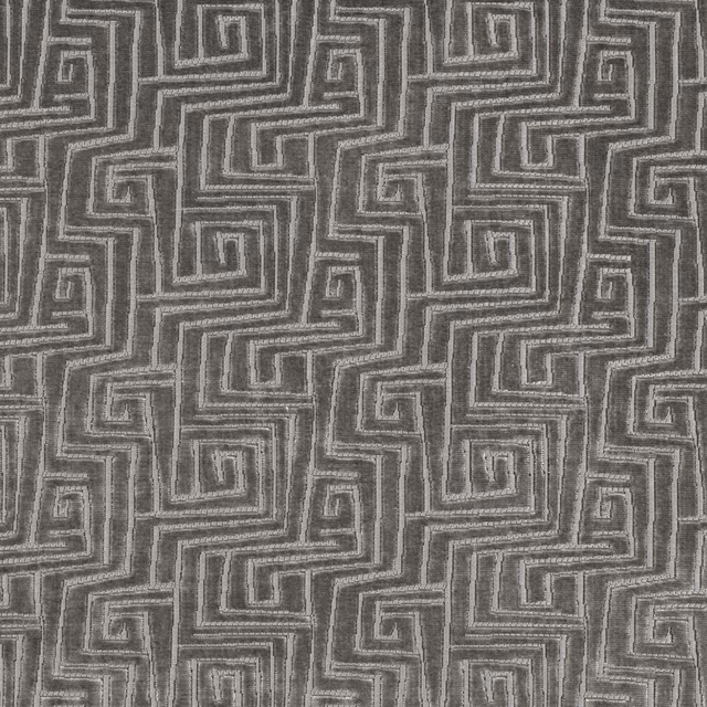 Charcoal-grey woven fabric with pale silver Greek-key maze lines
