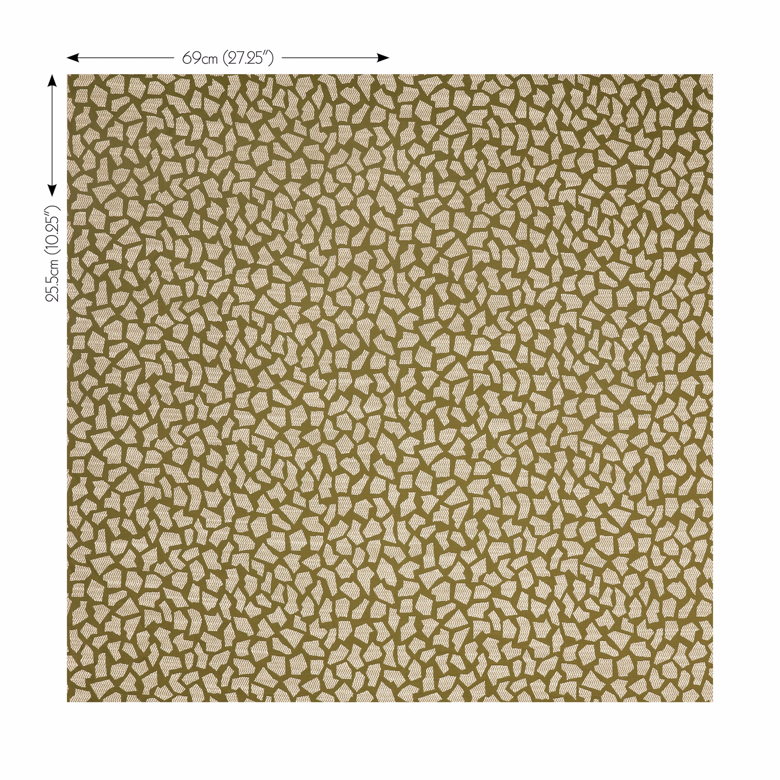 Muted olive-green textile with sand pebble-like fragments in a dense all-over pattern