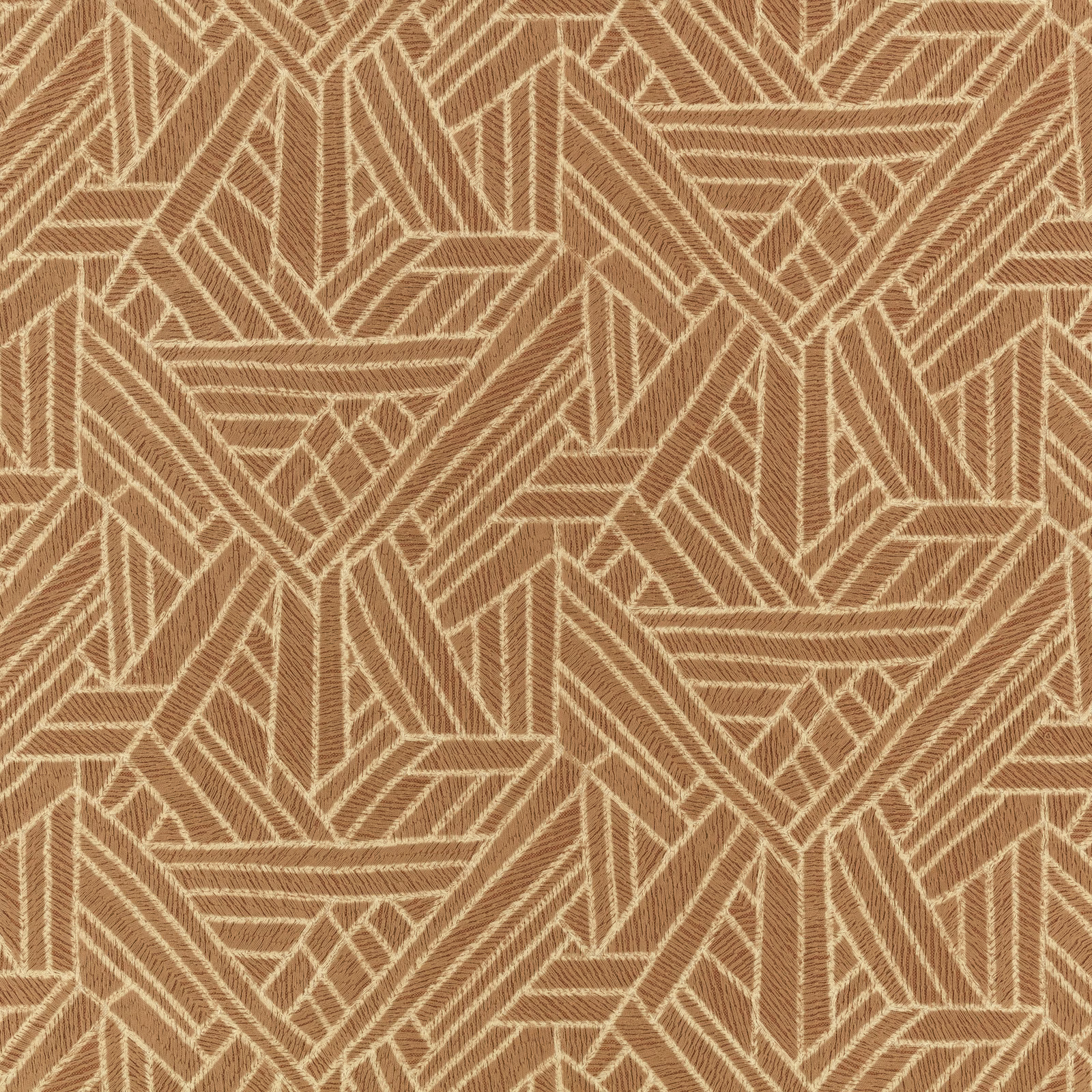 Warm cognac woven fabric with pale angular diamonds and interlocking geometric lines