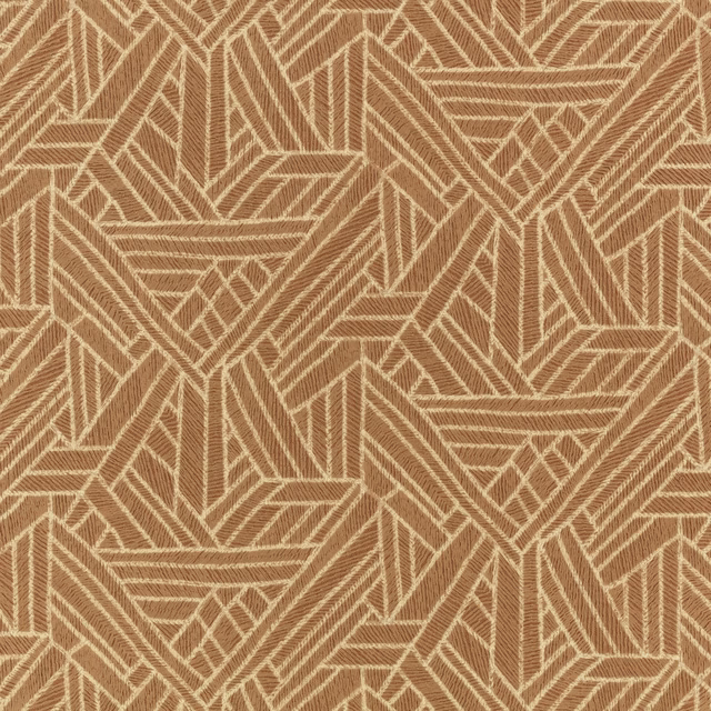Warm cognac woven fabric with pale angular diamonds and interlocking geometric lines