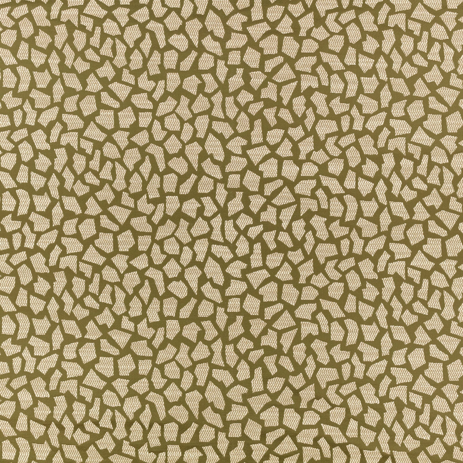 Muted olive woven fabric with dense ivory pebble-like geometric motifs