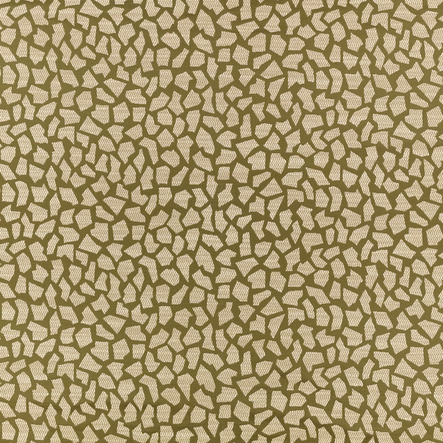 Muted olive woven fabric with dense ivory pebble-like geometric motifs