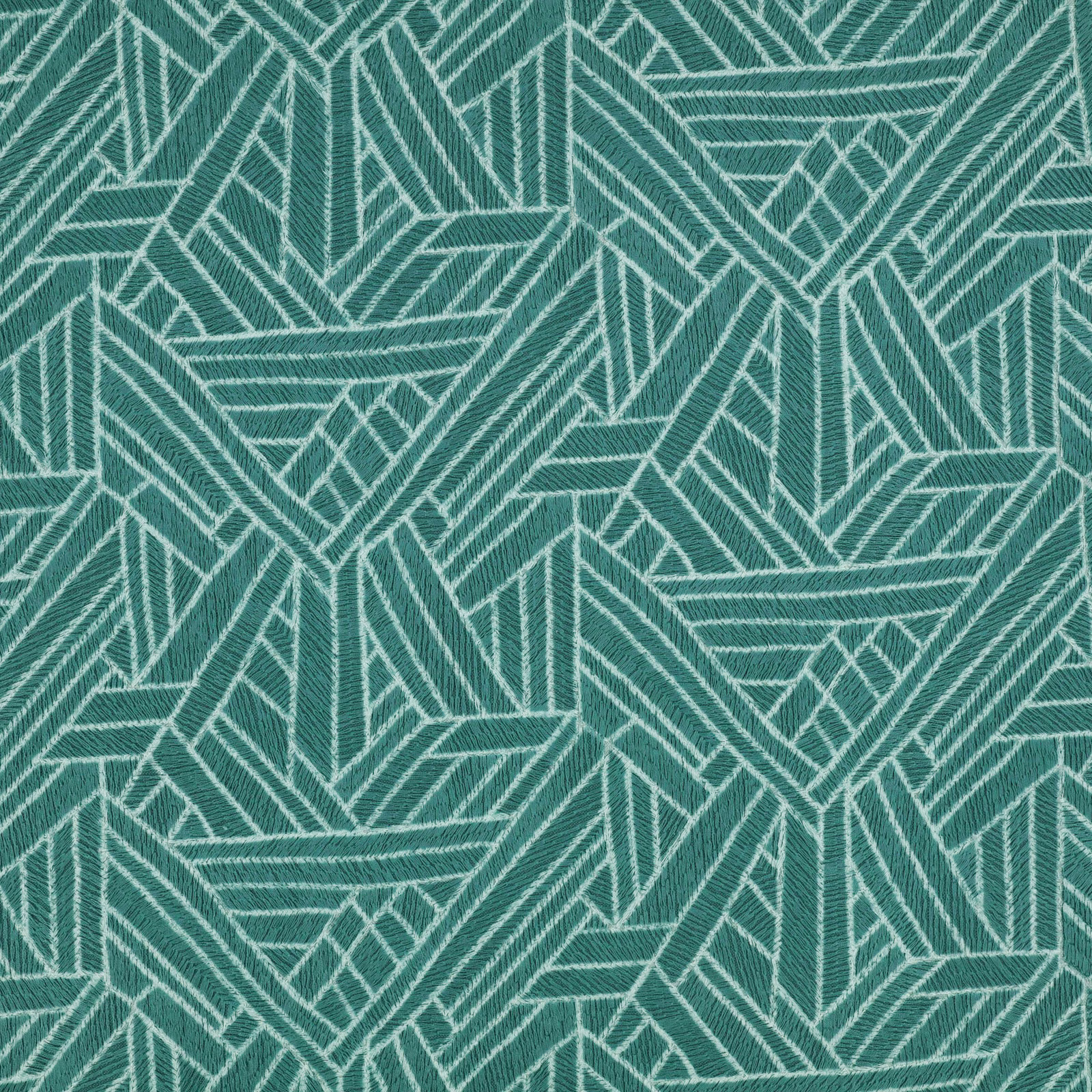 Electric teal woven ground with pale angular lines and repeating diamond motifs