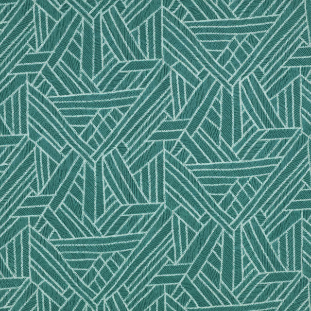Electric teal woven ground with pale angular lines and repeating diamond motifs