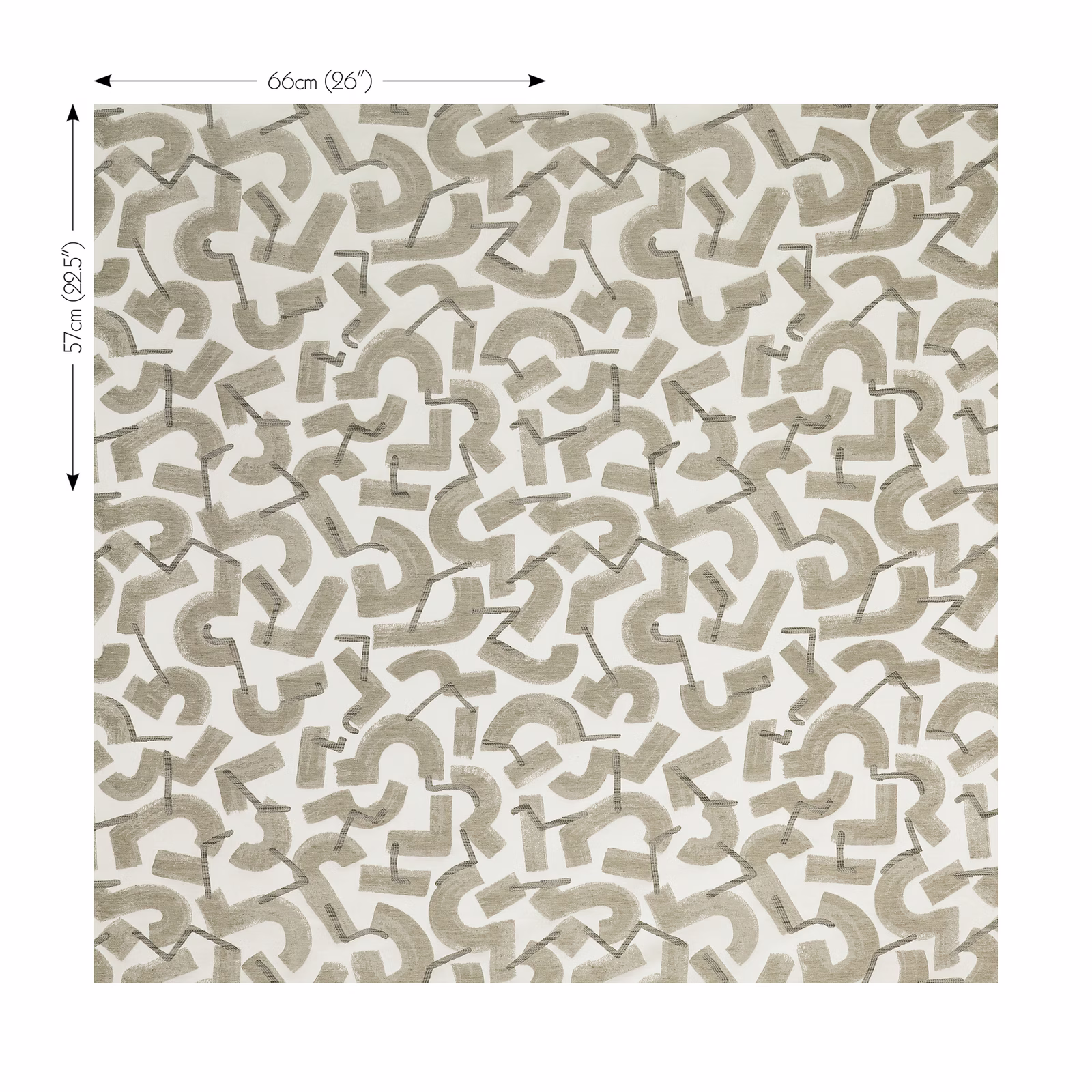 Muted taupe abstract geometric marks on a softly textured beige fabric swatch