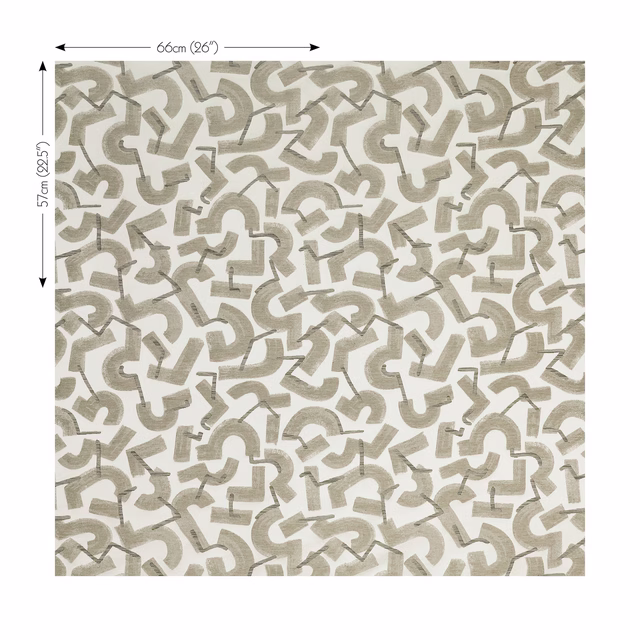 Muted taupe abstract geometric marks on a softly textured beige fabric swatch