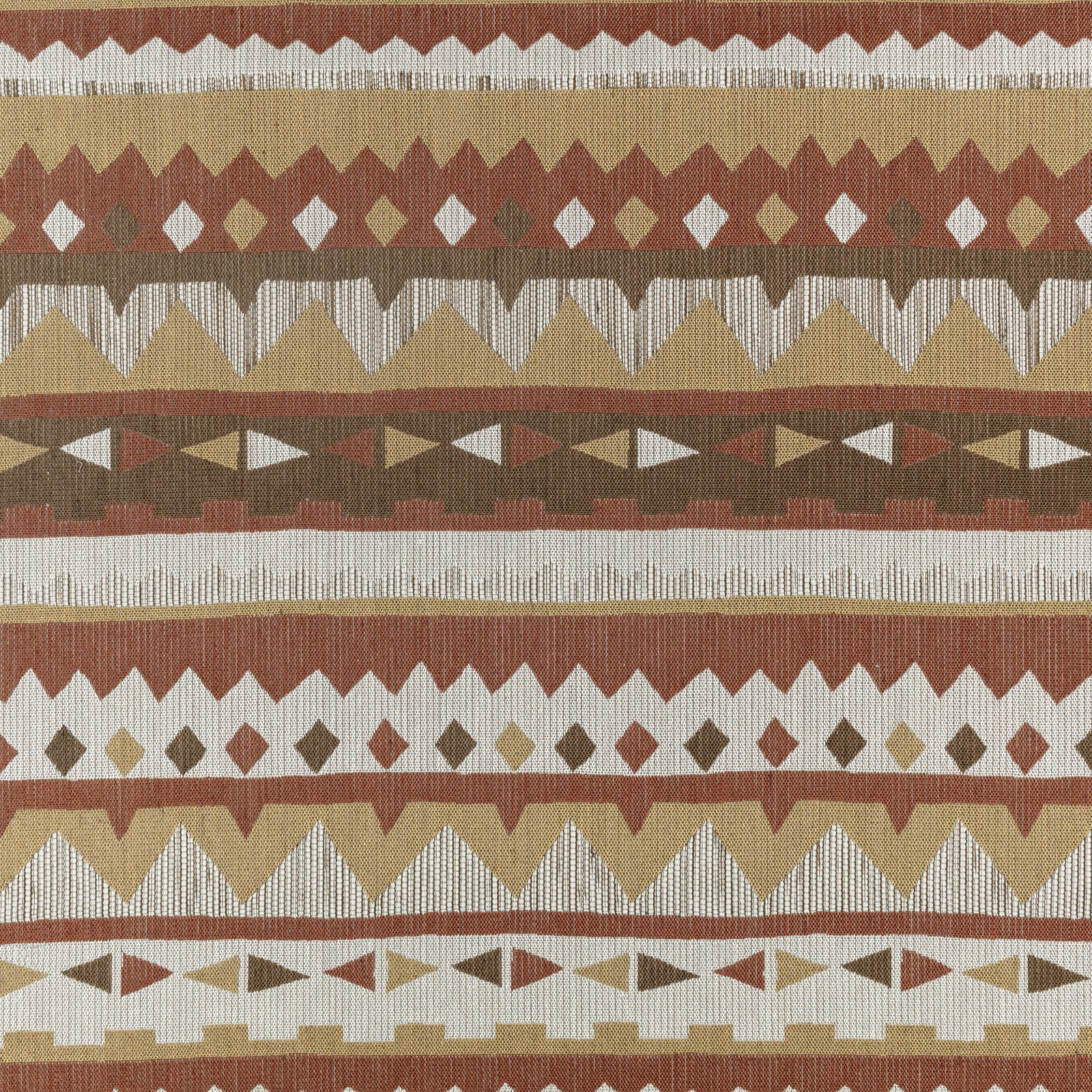 Warm cognac geometric woven swatch with ivory, ochre and taupe stepped bands