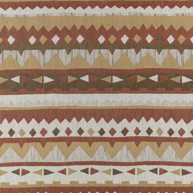 Warm cognac geometric woven swatch with ivory, ochre and taupe stepped bands