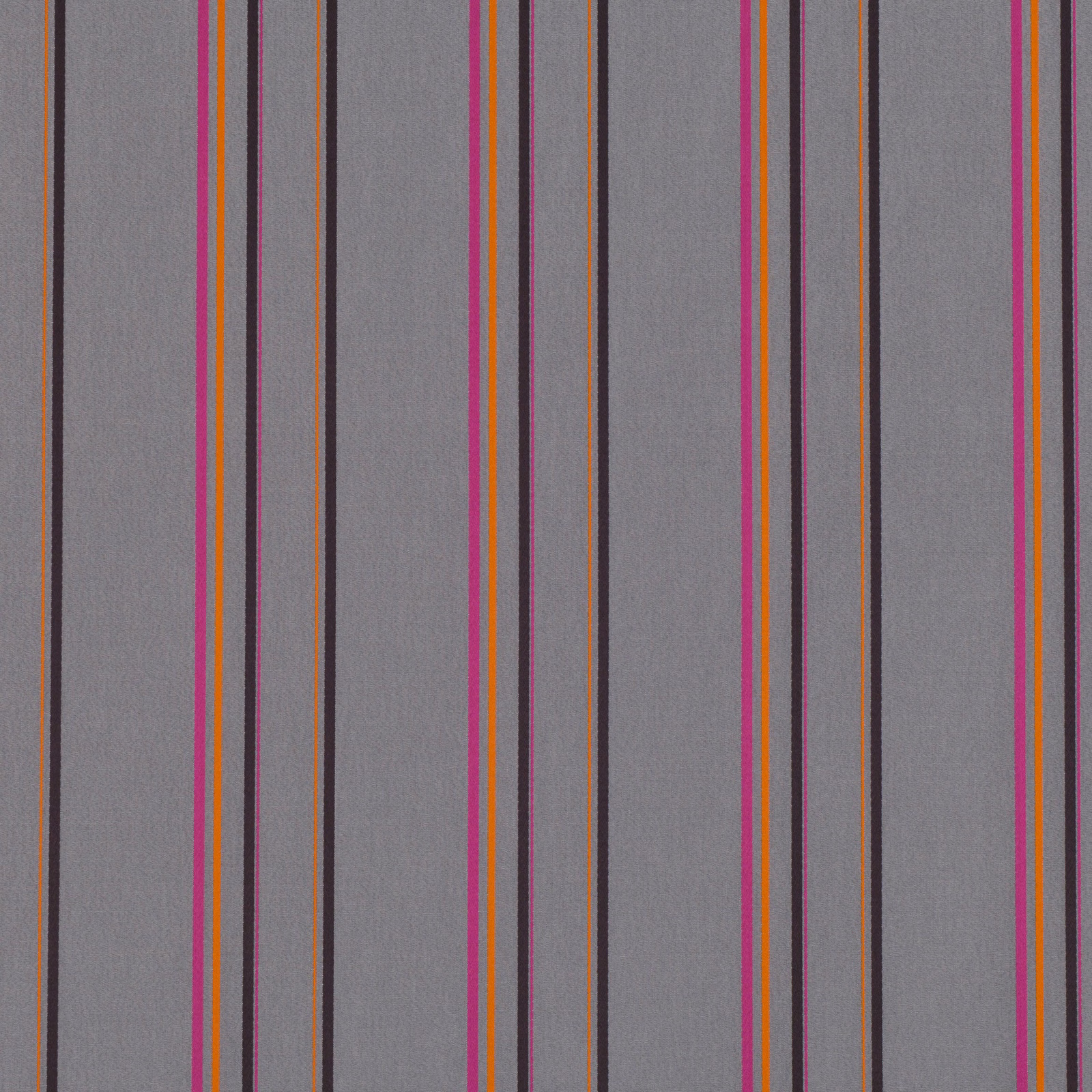 Smoky grey woven fabric with vivid pink, orange and charcoal vertical stripes