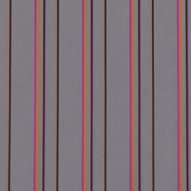 Smoky grey woven fabric with vivid pink, orange and charcoal vertical stripes