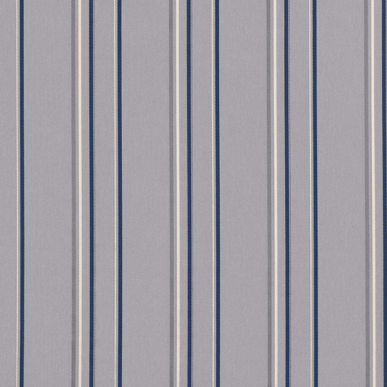 Cool grey woven textile with deep navy stripes and slim cream pinlines