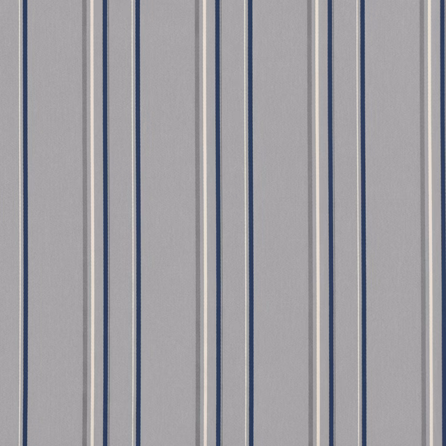 Cool grey woven textile with deep navy stripes and slim cream pinlines