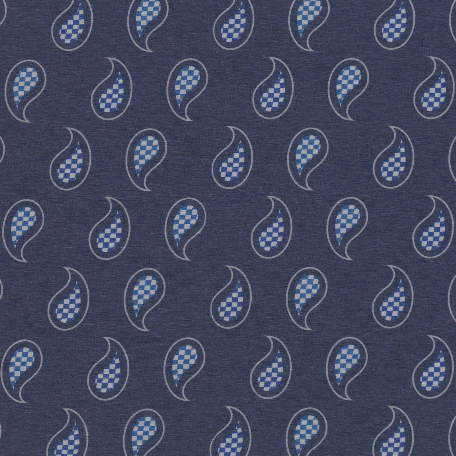 Deep navy woven fabric with grey paisleys and blue checked teardrop centres