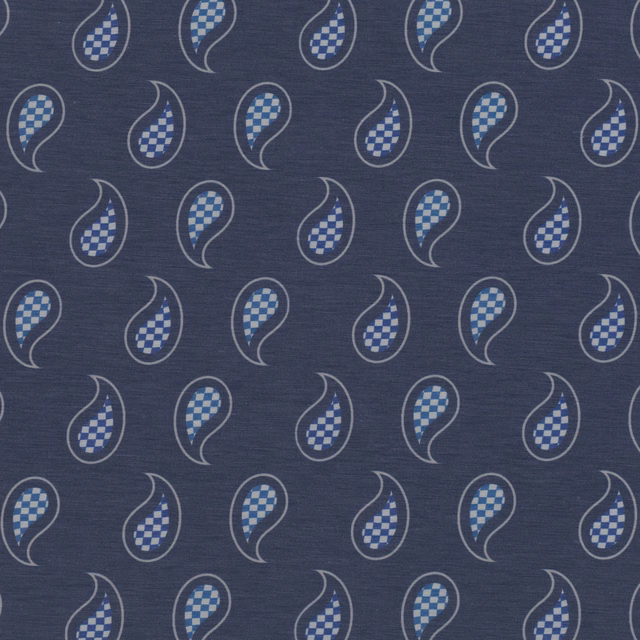 Deep navy woven fabric with grey paisleys and blue checked teardrop centres