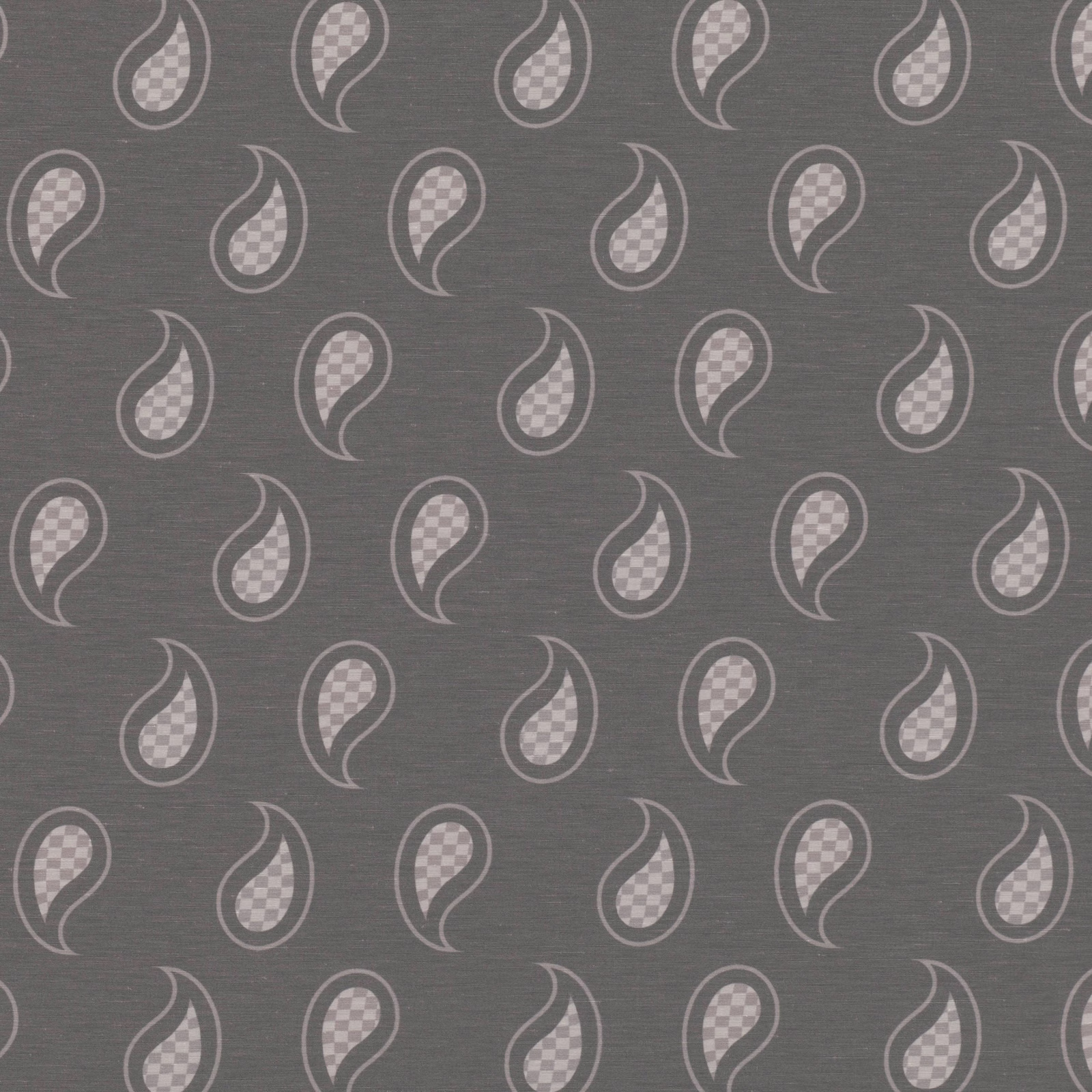 Smoke-grey woven ground with pale paisley outlines and checked inner motifs