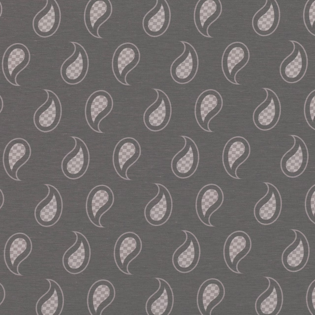 Smoke-grey woven ground with pale paisley outlines and checked inner motifs