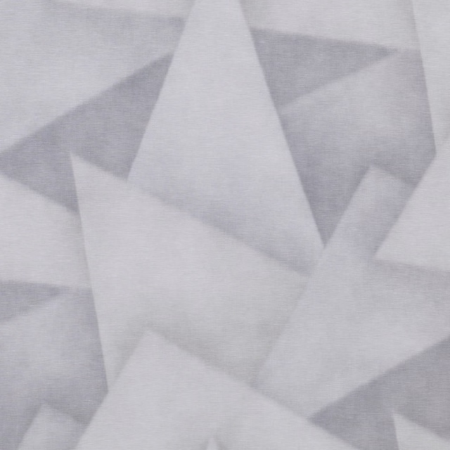 Pale frost-grey fabric with overlapping angular geometric facets and fine horizontal weave