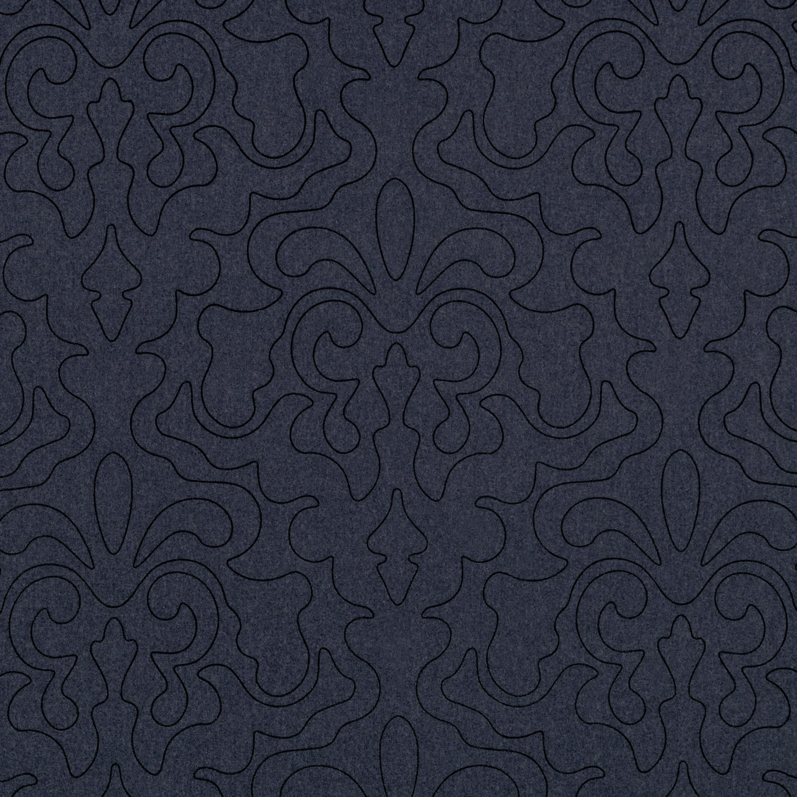 Deep aviator-blue textured ground with charcoal outlined scrolling damask motifs