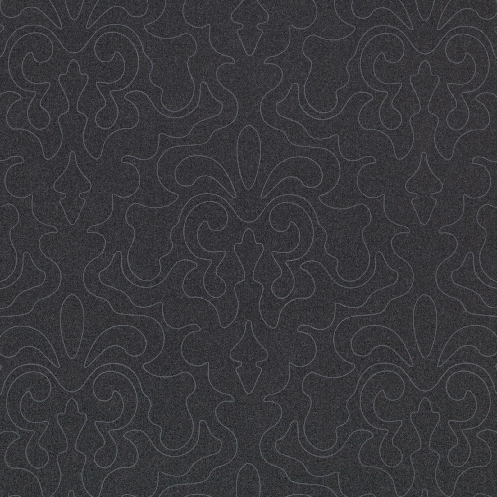 Deep graphite textile with fine tonal outlines forming a repeating symmetrical damask pattern