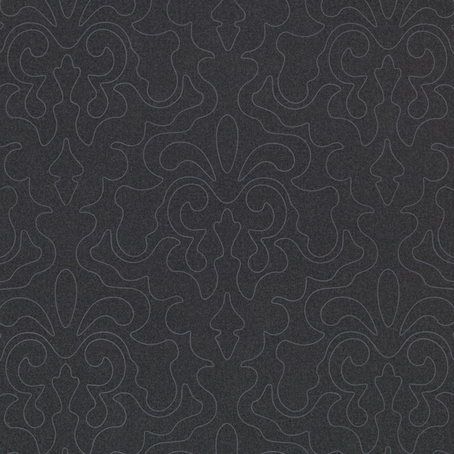 Deep graphite textile with fine tonal outlines forming a repeating symmetrical damask pattern