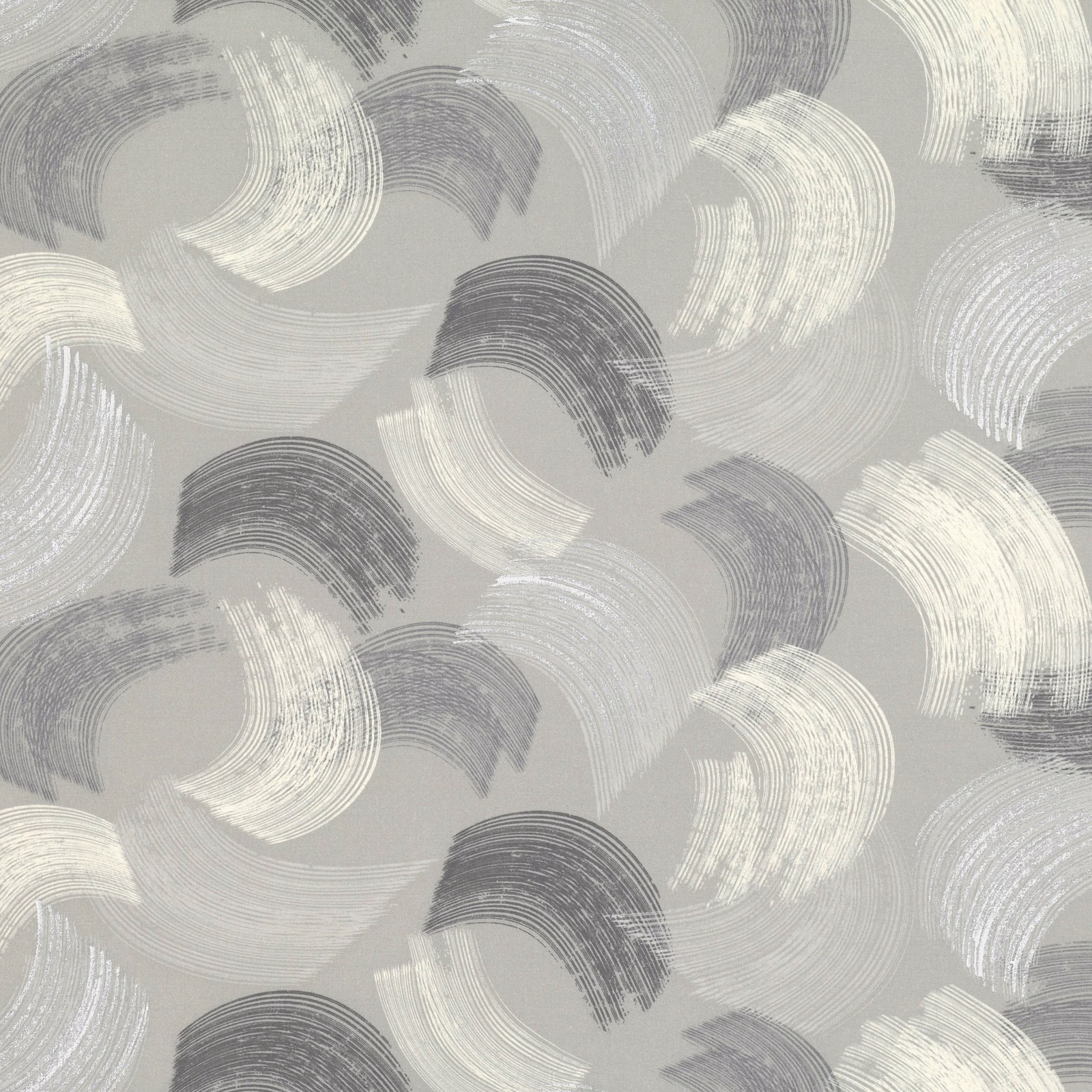 Silver-grey textile with ivory and charcoal crescent brushstrokes in a tactile repeat