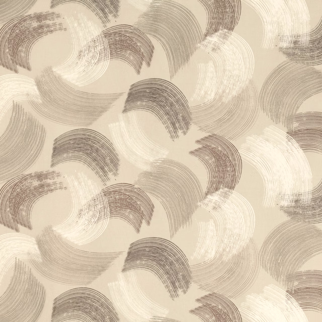 Warm cream fabric with layered taupe and ivory curved brushstroke motifs