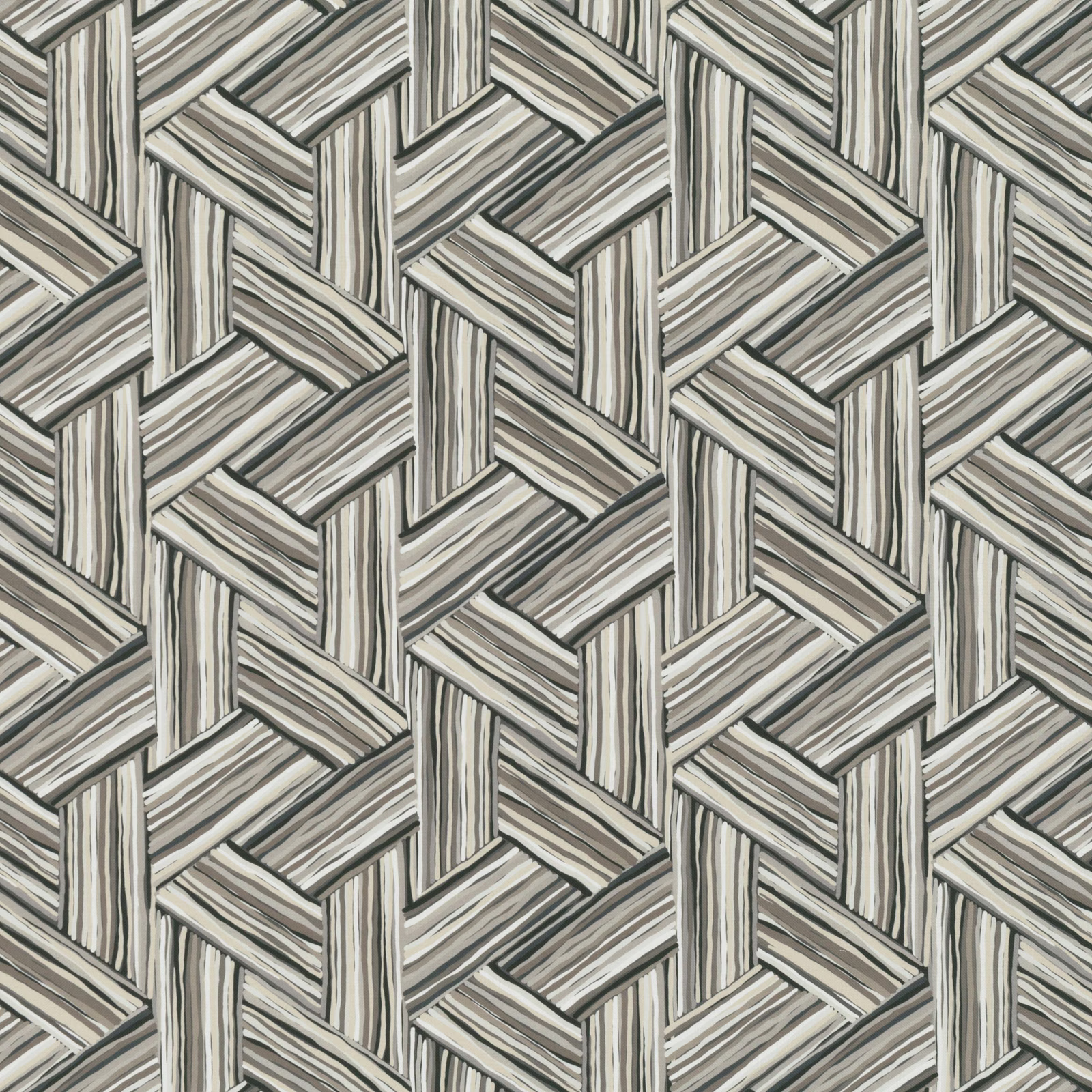 Greige geometric textile with interlocking striped blocks and charcoal linear accents