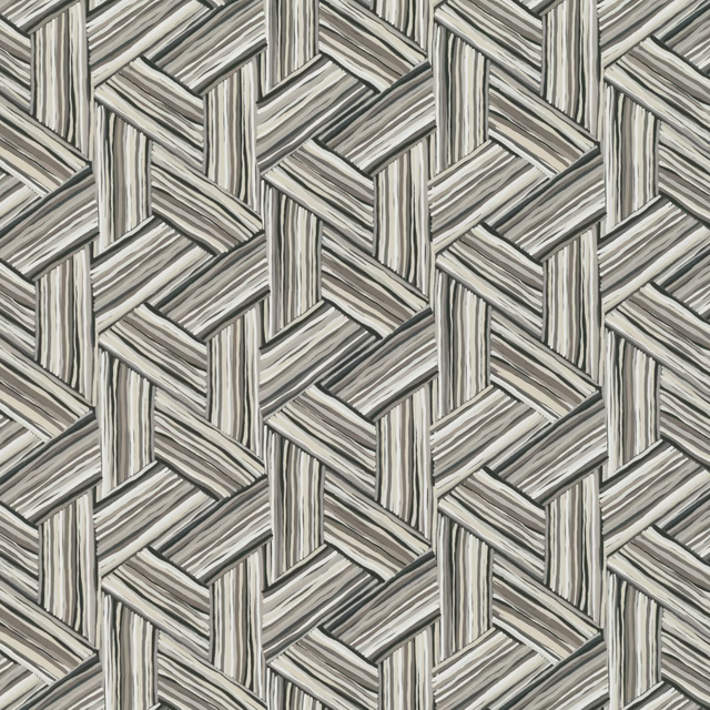 Greige geometric textile with interlocking striped blocks and charcoal linear accents