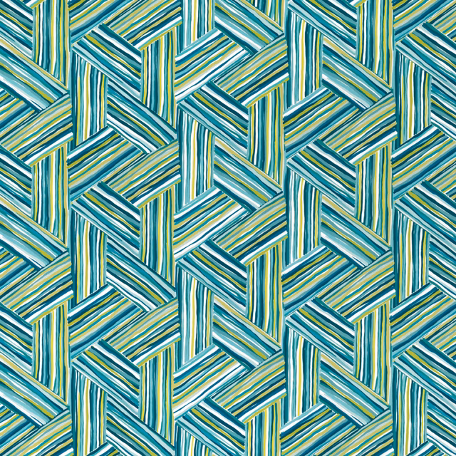 Teal and blue interlocking striped geometric textile with green, yellow and cream accents